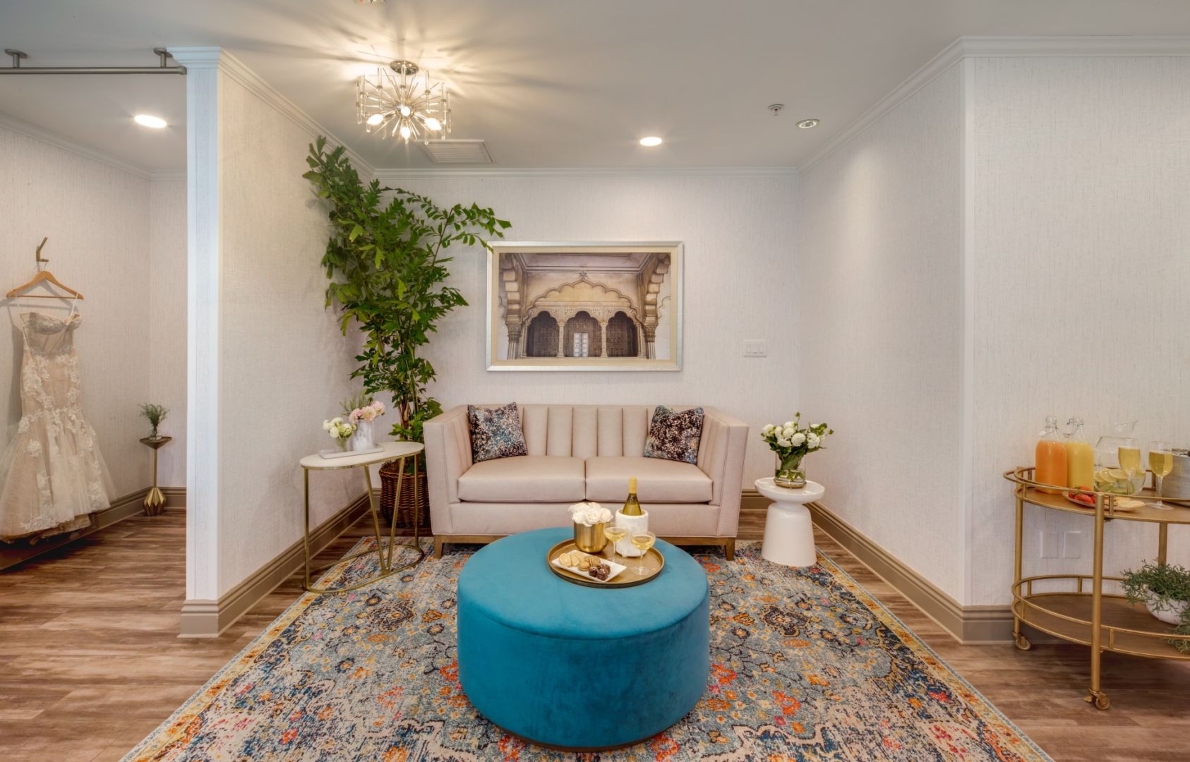 A Living Room With A Blue Rug