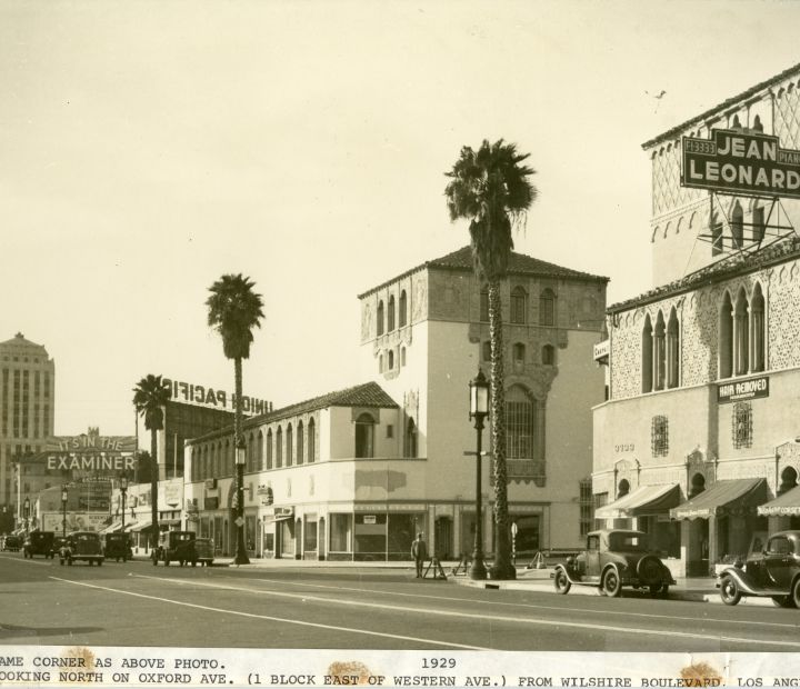 Buildings lining Oxford Avenue with palm trees in front